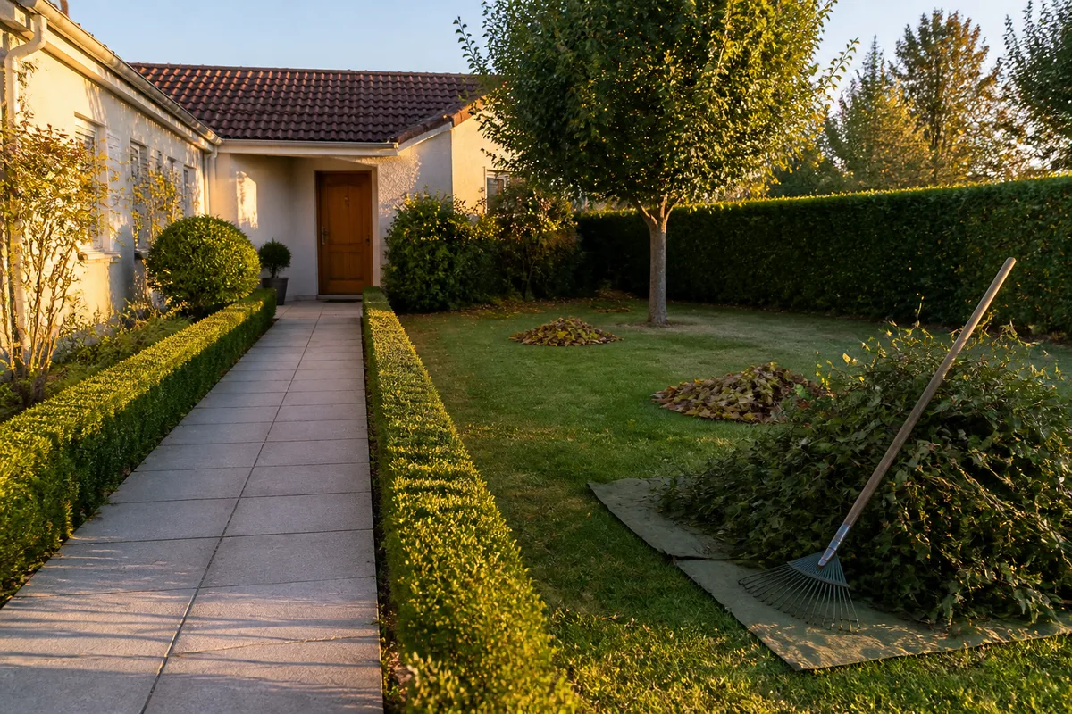 Haie taillée et allée de jardin entretenue devant une maison de plain-pied