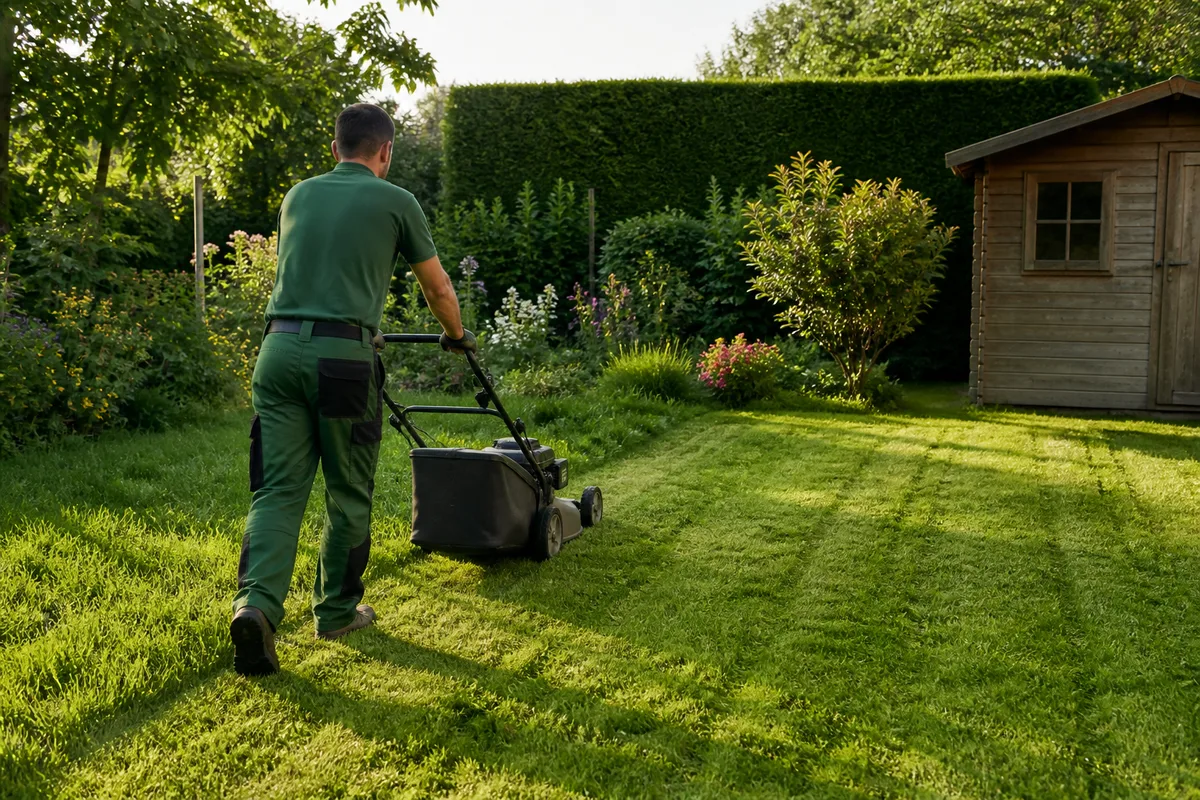 Jardinier professionnel tondant la pelouse d’un pavillon français