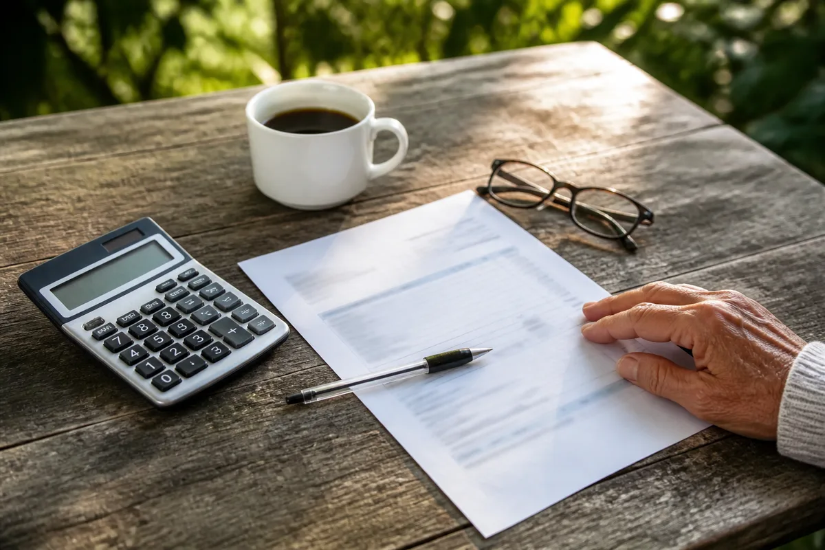 Facture de services à la personne, calculatrice et stylo sur une table de jardin