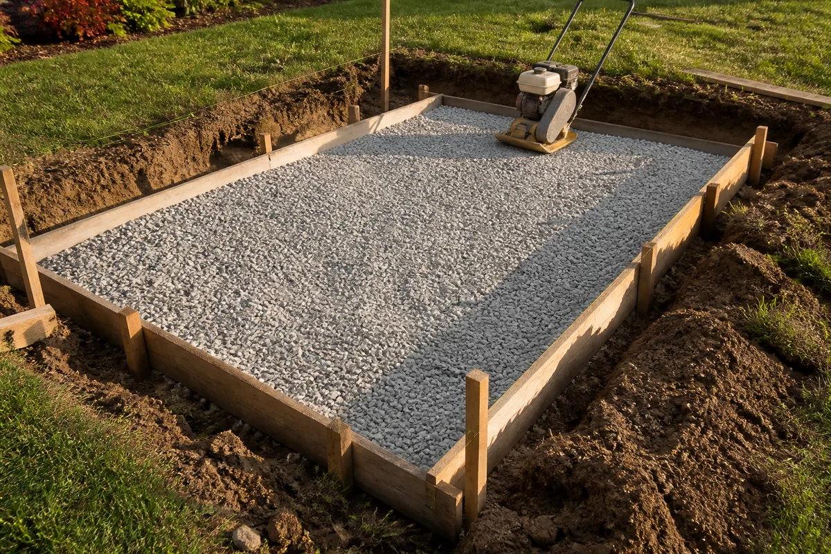 Coffrage en bois délimitant une future dalle de terrasse dans un jardin, décaissement fraîchement creusé