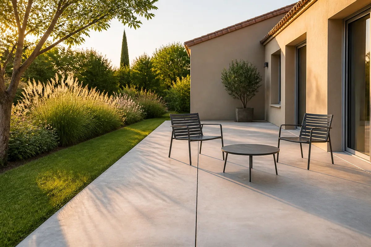 Dalle béton de terrasse achevée et talochée, bordée d’une pelouse et d’un massif de graminées
