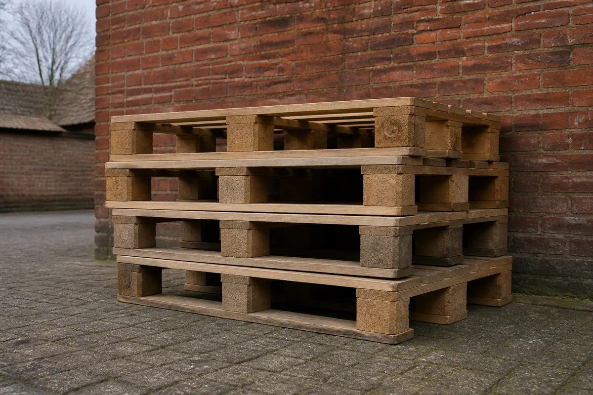 Palettes en bois brut empilées contre un mur de brique, dans la cour d&rsquo;une maison, à la lumière du matin