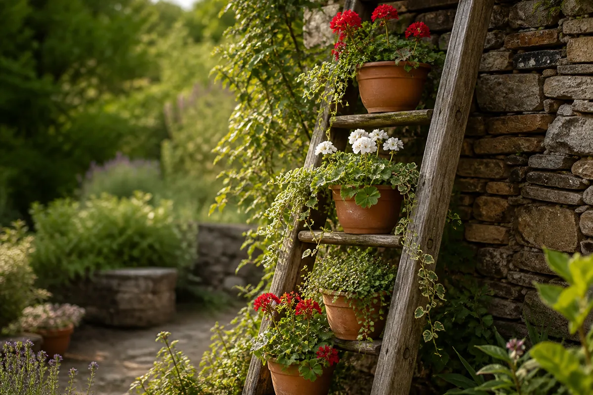 Vieille échelle en bois appuyée contre un mur de pierre, garnie de pots en terre cuite fleuris