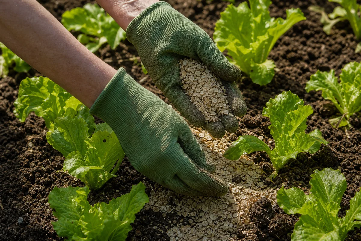 Mains gantées étalant des paillettes de lin au pied de jeunes plants de salade