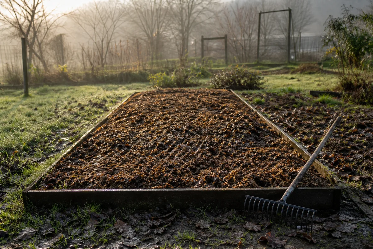 Feuilles mortes broyées étalées sur une planche de potager nue en automne