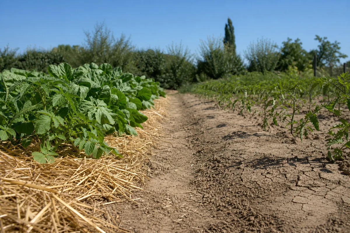 Comparaison de deux planches de potager voisines, l’une paillée de paille, l’autre en terre nue