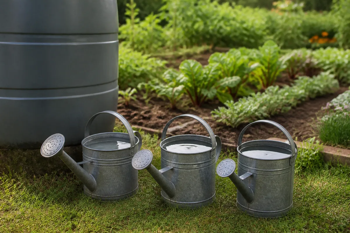 Trois arrosoirs métalliques remplis d’eau posés au pied d’une cuve de jardin, potager en arrière-plan