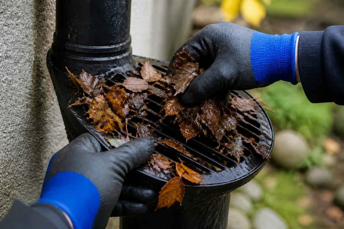 Mains gantées nettoyant la grille d’un collecteur de gouttière encombrée de feuilles mortes