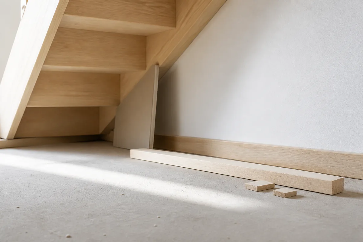 Espace vide sous une volée d’escalier en bois clair, mètre ruban déroulé au sol contre la plinthe